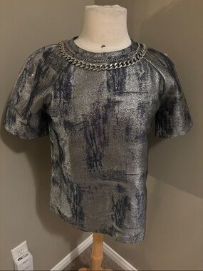 MICHAEL Michael Kors Silver Metallic Short-Sleeve Tee with Chain Trim